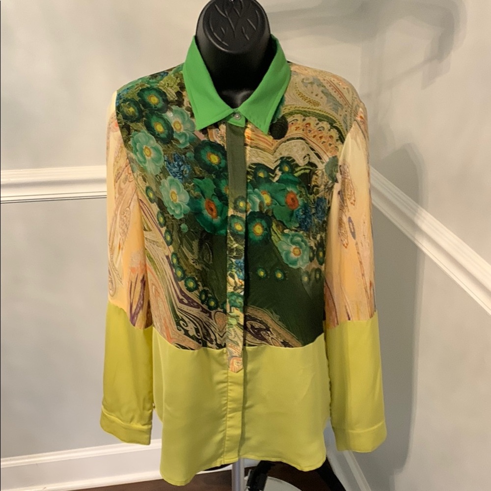 Twenty Twenty Yellow & Green Mixed Media Blouse Size M
